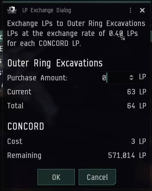 LP Exchange Dialog showing Outer Ring Excavations purchase amount, current and total LP, and CONCORD cost and remaining balance
